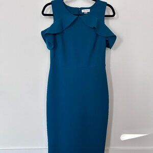 Calvin Klein Blue Green Sheath Dress Midi Size 8 Business Formal Work Wedding